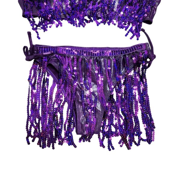 Purple Womens Sequin Fringe Bikini Set Swimsuit Tie Closures Halter Neck Size S - Picture 5 of 5